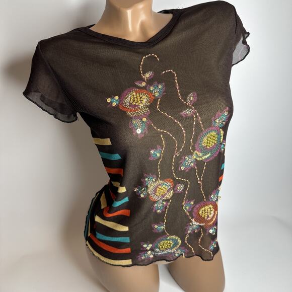 Brown Sheer Mesh Beaded Floral Embroidered Striped Y2K Boho Festival Top S - Picture 1 of 11